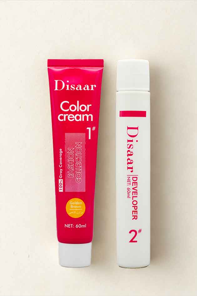 Two hair color products from Disaar on a light beige background