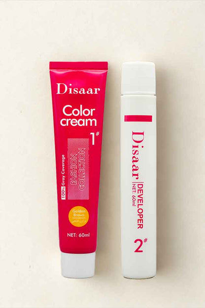 Two hair color products from Disaar on a light beige background