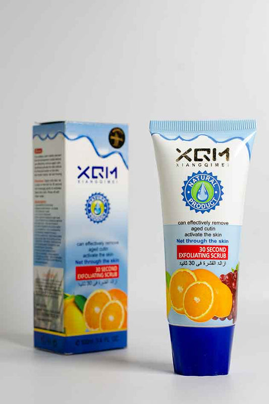 XQM 30 Second Exfoliating Scrub – Natural Deep Clean & Glowing Skin Formula (Last Piece). XQM skincare product packaging with tube and box on a white background