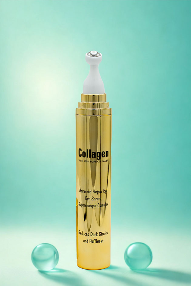 Collagen eye serum with cooling roller, clean studio background close up Gold collagen eye serum bottle with blue spheres on a teal background