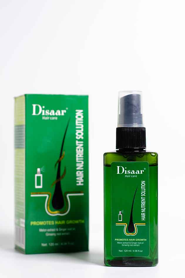 Disaar Hair Nutrient Solution – Herbal Hair Growth and Strengthening Serum (Stock Clearance Offer). Disaar hair nutrient solution packaging including a box and a spray bottle on a white background