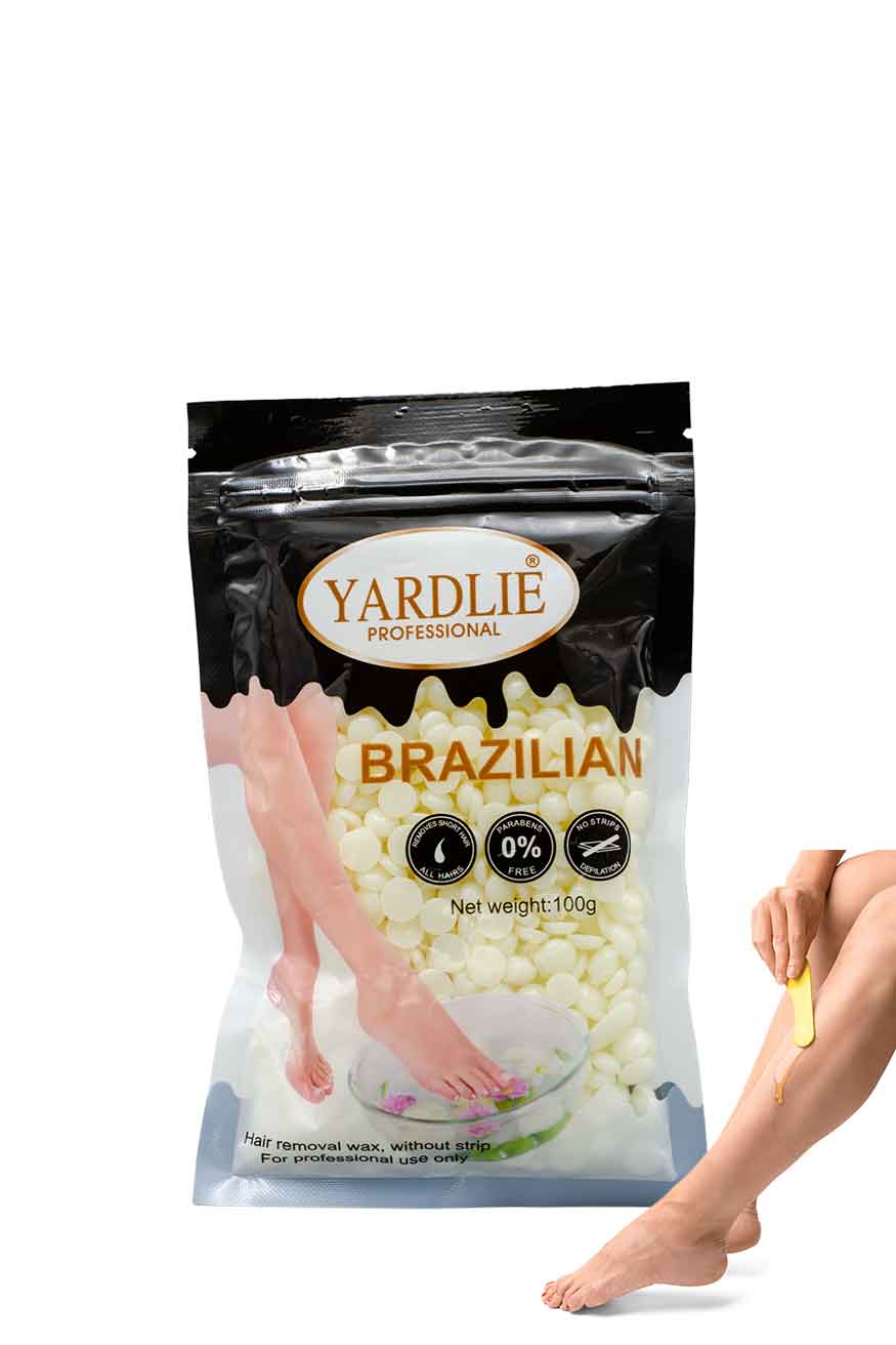 Stripless hair removal wax for salon use by Yardlie, Yardlie Brazilian hair removal product packaging with a person using it.