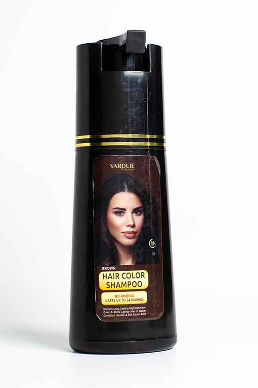 Yardlie Professional Brown Hair Color Shampoo – No Ammonia, 10% Leaked, Last 4 Pieces. Hair color shampoo bottle with a woman's face on the label against a white background