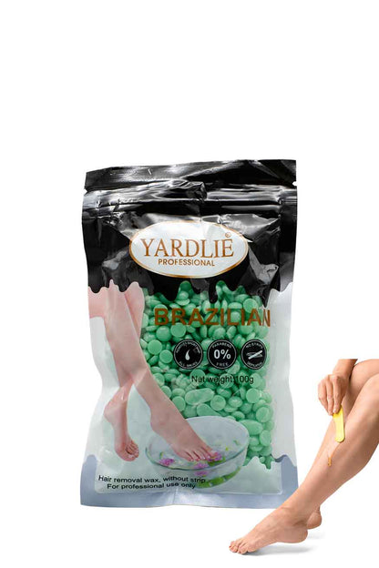 Brazilian hard wax beads for professional hair removal, Yardlie Brazilian hair removal product packaging with a person's legs shown.