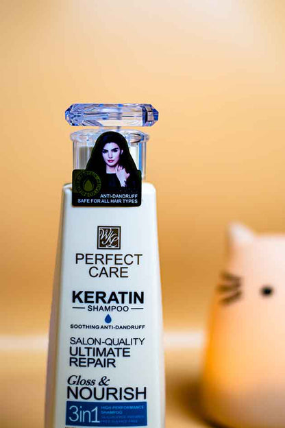 Close-up of Keratin Shampoo texture – creamy sulphate-free formula for smooth hair. Shampoo bottle labeled 'Perfect Care Keratin' with a blurred background