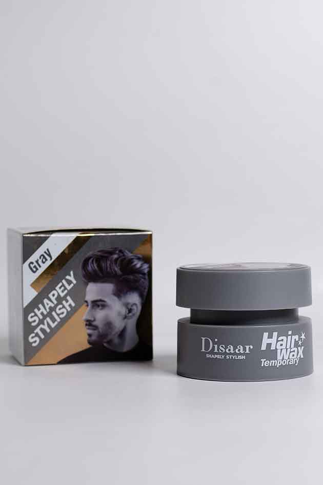 Disaar Gray Temporary Hair Wax – Shapely Stylish Look for Men (Last Piece). Hair wax jar with packaging featuring a man's face on a white background