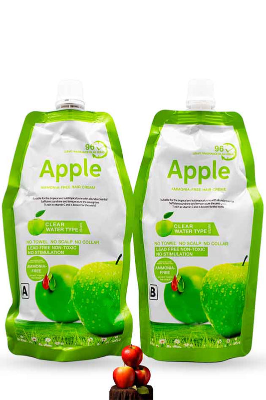 Apple hair color cream refill pack dark brown shade A and B 1000ml for grey coverage at home, Two green and white Apple product packaging on a white background