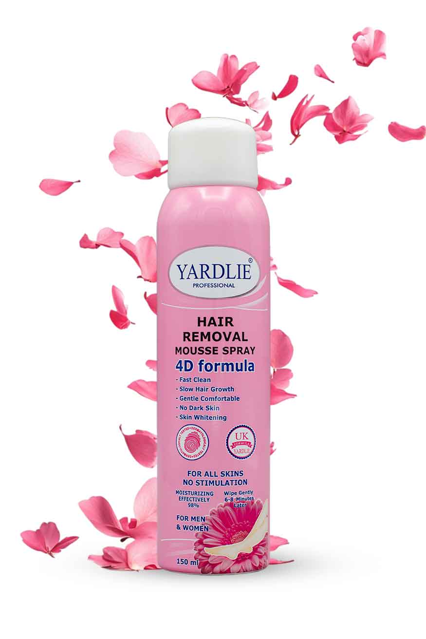 Yardlie Professional Hair Removal Mousse Spray 150ml 4D formula box front view, Yardlie hair removal spray bottle with pink flowers on a white background