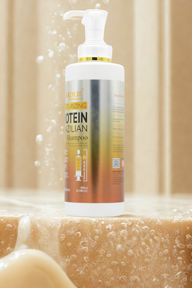 Brazilian Shampoo bottle with pump on a beige background 