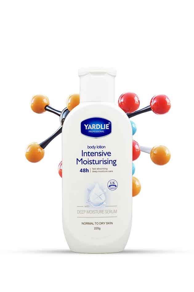 Yardlie Professional Intensive Moisturising Body Lotion 48h deep moisture 220g bottle on white background, Yardley Intensive Moisturising body lotion bottle with molecular model graphic on a white background