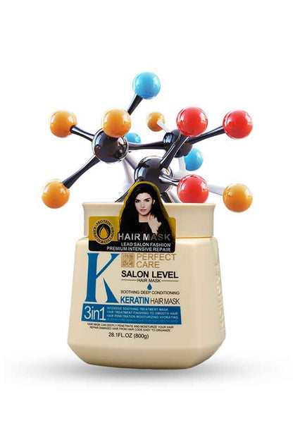 Perfect Care Salon Level Keratin Hair Mask 800g 3 in 1 deep conditioning treatment Keratin hair mask bottle with molecular model on a white background