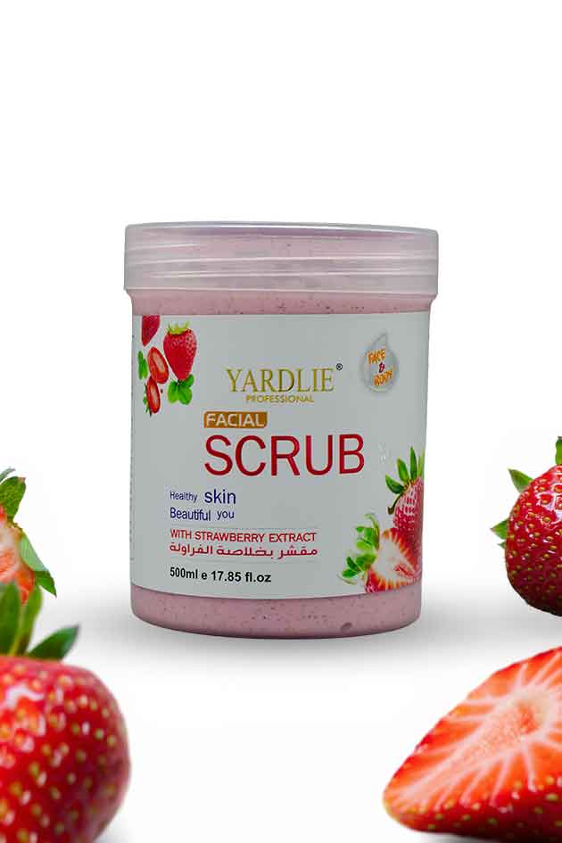 Yardlie strawberry facial scrub 500ml deep exfoliating face and body scrub jar, Yardlie strawberry facial scrub jar with strawberries on a white background