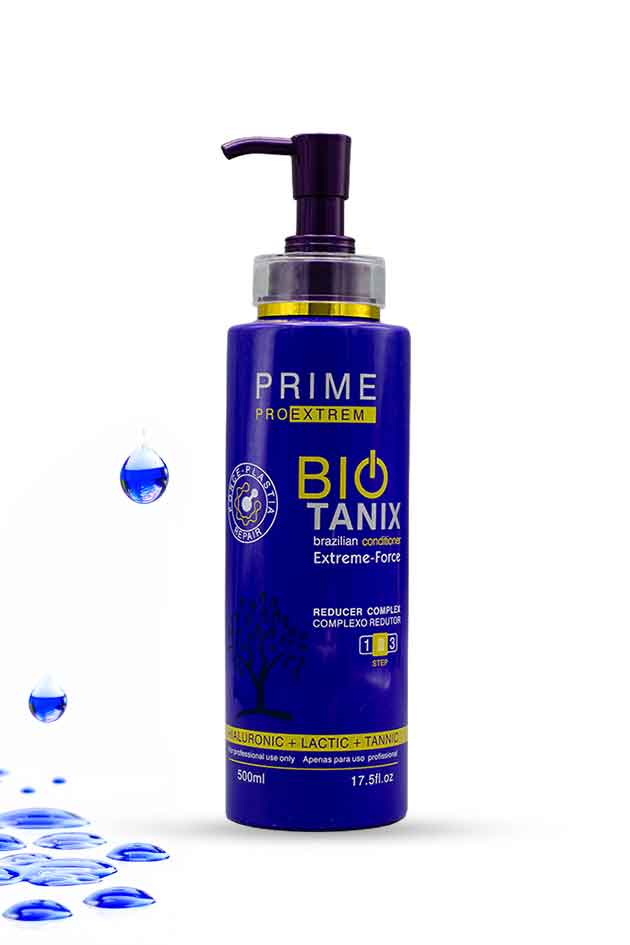 Prime ProExtreme Bio Tanix Brazilian Conditioner Extreme Force Step 2 500ml , Blue bottle of Prime Bio Tanix hair product with pump on a white background
