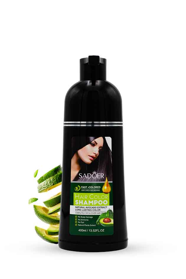 SADOER Natural Black Hair Color Shampoo 400ml with Avocado Extract – Yardlie. Shampoo bottle with avocado and cucumber graphics on a white background