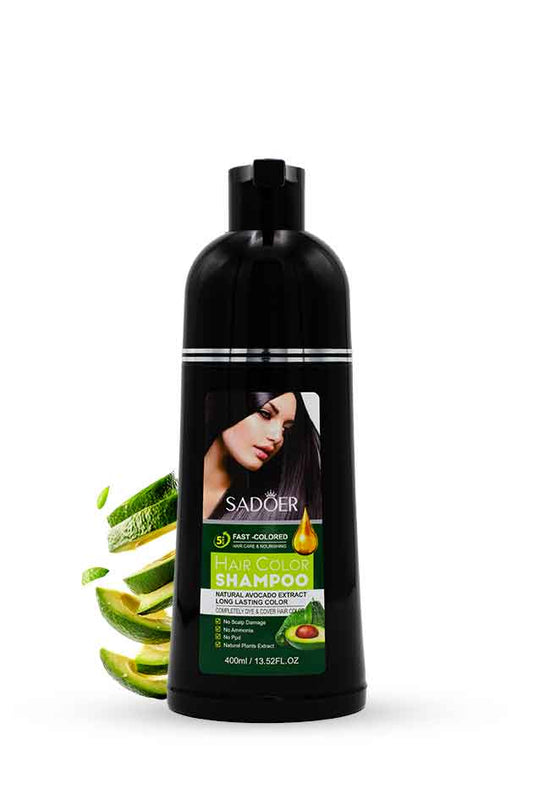 SADOER Natural Black Hair Color Shampoo 400ml with Avocado Extract – Yardlie. Shampoo bottle with avocado and cucumber graphics on a white background