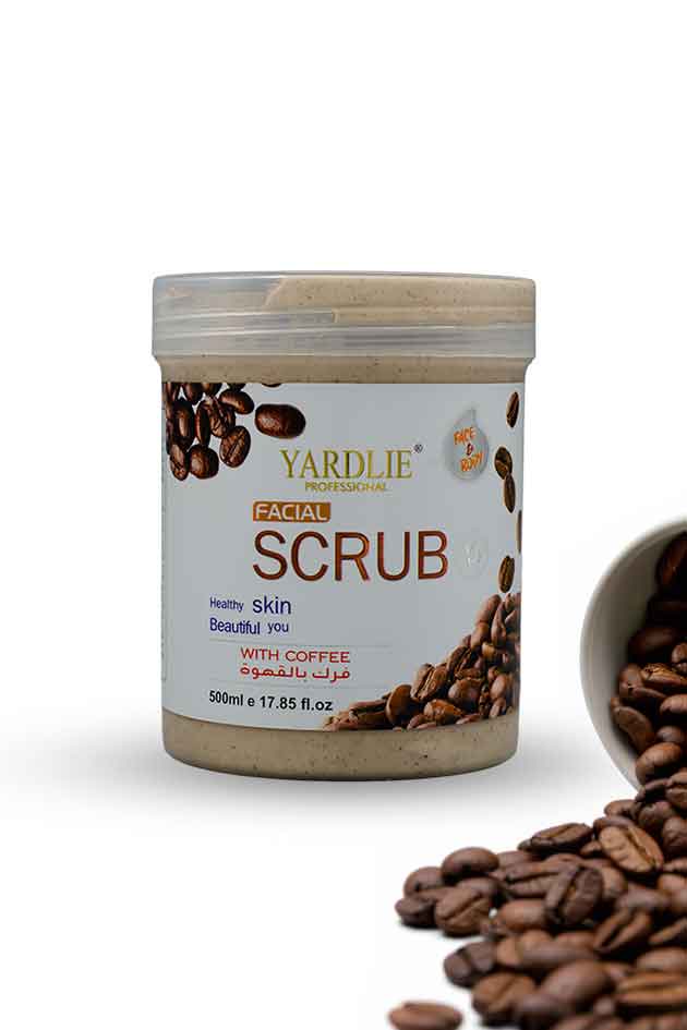 Yardlie coffee facial scrub 500ml deep exfoliating face and body scrub jar, Yardlie facial scrub container with coffee beans on a white background