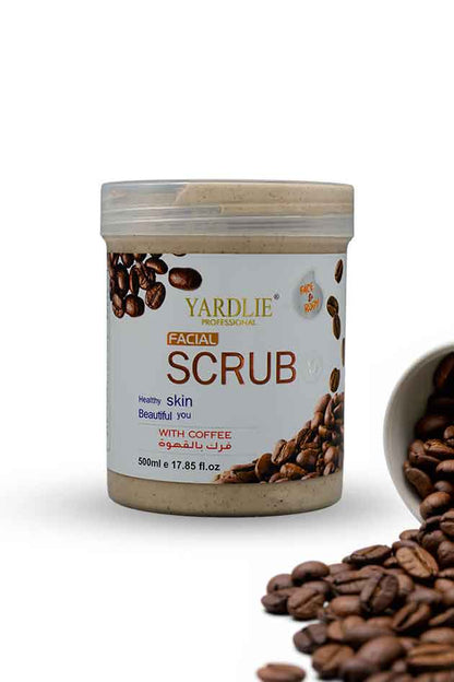 Yardlie coffee facial scrub 500ml deep exfoliating face and body scrub jar, Yardlie facial scrub container with coffee beans on a white background