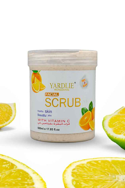 Yardlie Vitamin C facial scrub 500ml deep exfoliating face and body scrub jar, Yardlie facial scrub jar with lemon slices on a white background