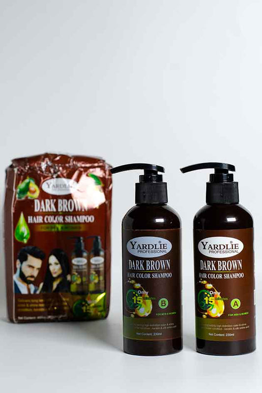 Yardlie Professional Dark Brown Hair Color Shampoo — clearance sale, slightly damaged box, original product bottles.. Yardlie Dark Brown hair color shampoo bottles and packaging on a white background