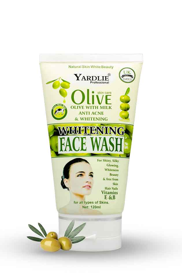 Yardlie Professional Olive with Milk Whitening Face Wash Anti Acne 120ml tube packaging, Yardley Olive Whitening Face Wash tube with olive leaves on a white background
