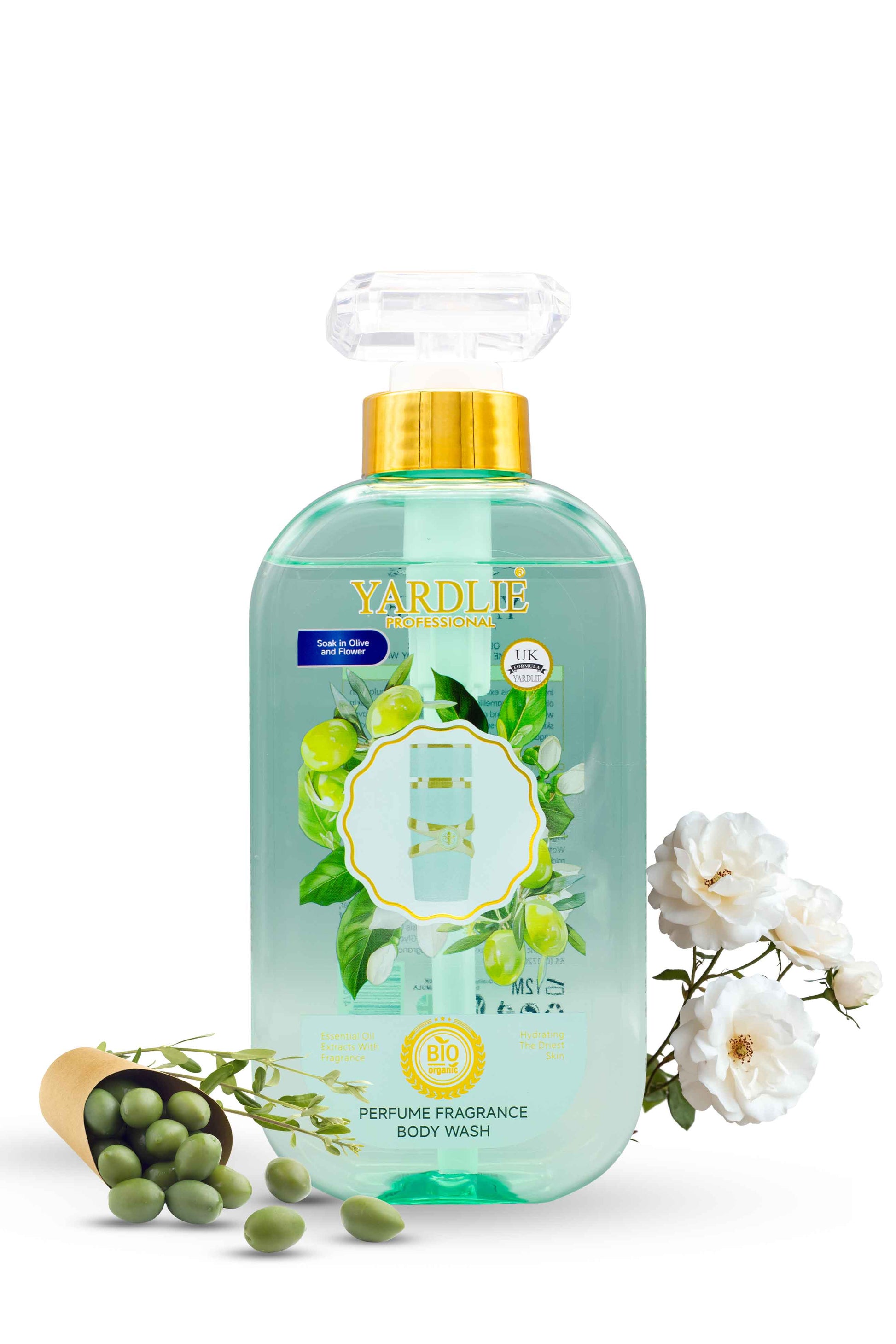 Yardlie Professional olive flower perfume fragrance body wash bottle with olive and white flower visuals, Yardley London body wash bottle with green label and gold cap on a white background