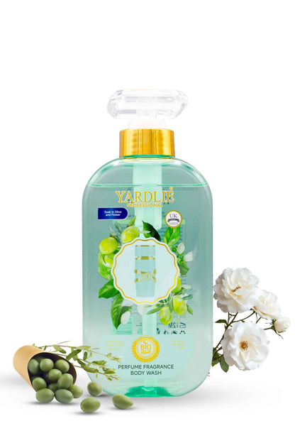 Yardlie Professional olive flower perfume fragrance body wash bottle with olive and white flower visuals, Yardley London body wash bottle with green label and gold cap on a white background
