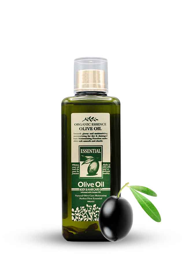 Organic Essence Olive Oil bottle for body and hair care on white background, Bottle of Organic Essence Olive Oil with an olive and leaf on a white background