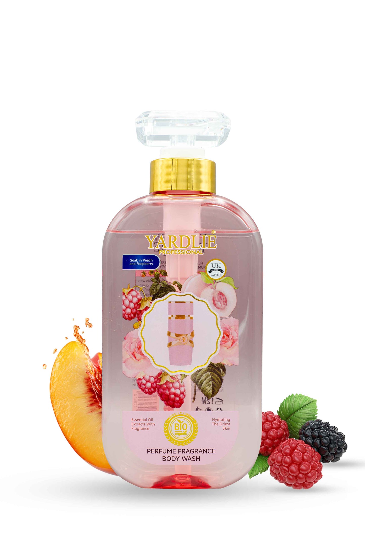 Yardlie Professional perfume fragrance body wash bottle in peach rose raspberry scent, Yardley perfume bottle with peach and berry graphics on a white background