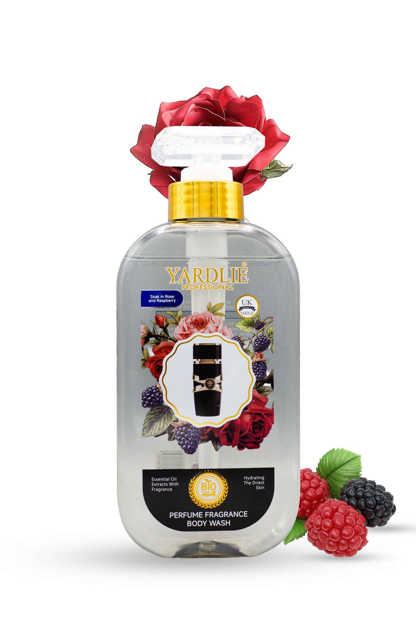 Yardlie Professional rose raspberry perfume fragrance body wash bottle with rose and berry visuals, Yardley London perfume fragrance body wash bottle with floral design and berries on a white background