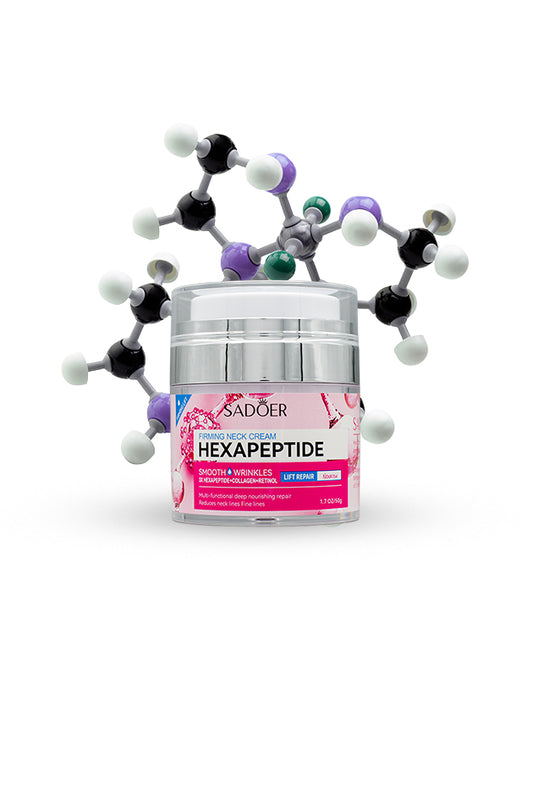 Sadoer Hexapeptide firming neck cream jar with molecular design background, Skincare cream jar with molecular model on a white background