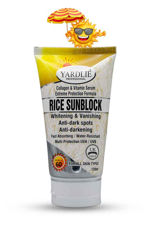 Yardlie Professional Rice Sunblock SPF 60 whitening cream tube, Tube of Yardlie Rice Sunblock with a sunflower character on top against a white background