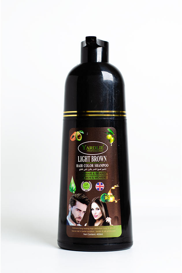 Yardlie Light Brown Hair Color Shampoo 400ml clearance bottleA black plastic bottle of Ard-Deh Light Brown Hair Color Shampoo, featuring a brown label with green accents and images of men and women, set against a plain white background.
