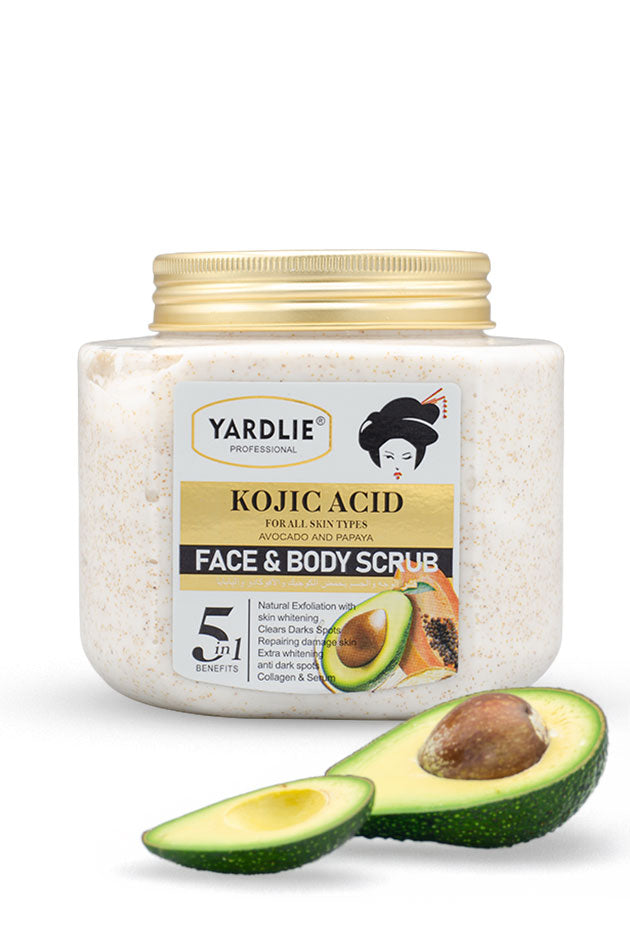 Yardlie Kojic Acid Avocado and Papaya Face and Body Scrub 500g tub,
A jar of Yardlie Professional Kojic Acid Face & Body Scrub with a gold lid, shown on a white background with sliced avocado halves in front.