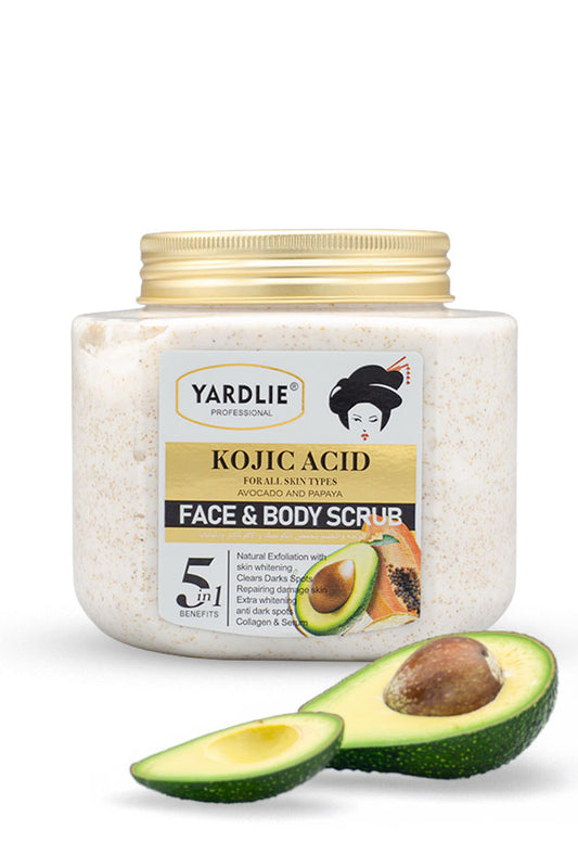 Yardlie Kojic Acid Avocado and Papaya Face and Body Scrub 500g tub,
A jar of Yardlie Professional Kojic Acid Face & Body Scrub with a gold lid, shown on a white background with sliced avocado halves in front.