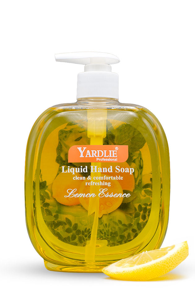 Yardlie Lemon Essence Liquid Hand Soap 500g pump bottle for clean, soft hands,
A bottle of Yardlie Professional Liquid Hand Soap with Lemon Essence, filled with yellow liquid and lemon slices, shown with a lemon wedge slice on a white background.