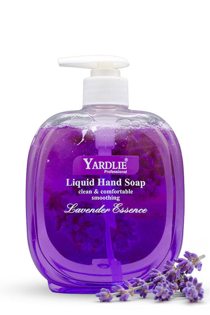 Yardlie Lavender Essence Liquid Hand Soap 500g pump bottle for clean, soft, fresh smelling hands,
A bottle of Yardlie Professional lavender essence liquid hand soap with a white pump dispenser, filled with purple soap, shown on a white background with lavender sprigs at the base.
