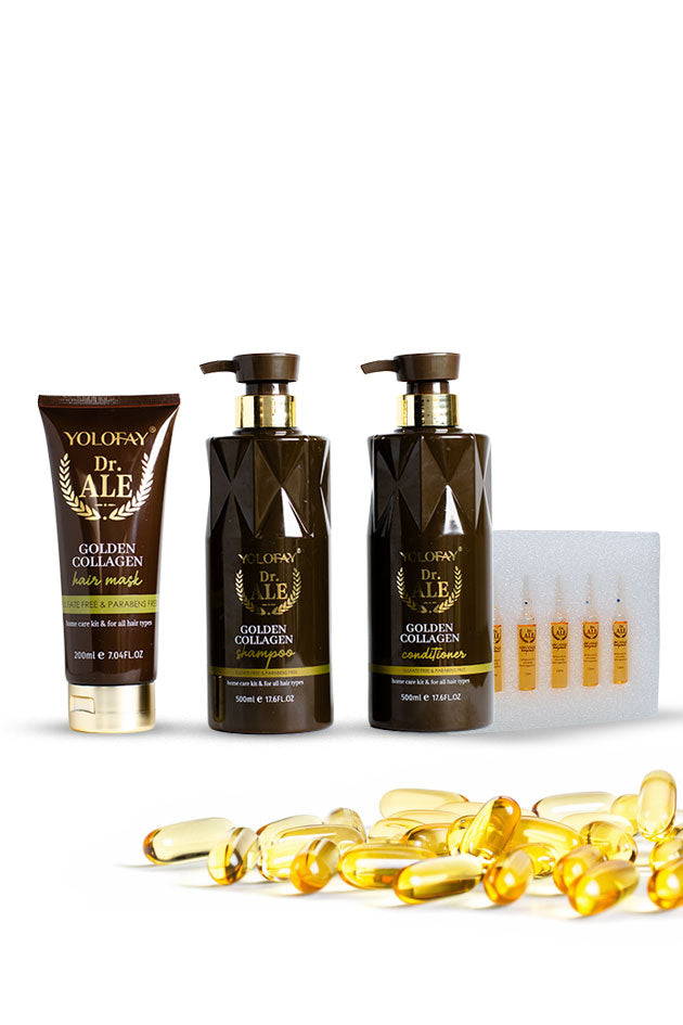 YOLOFAY Dr. ALE Golden Collagen Hair Care Kit with shampoo, conditioner, mask, and argan oil ampoules,
YoloFay Dr. Ale Golden Collagen set featuring a squeeze tube, two pump bottles, a small vial pack, and scattered golden collagen capsules on a white background.