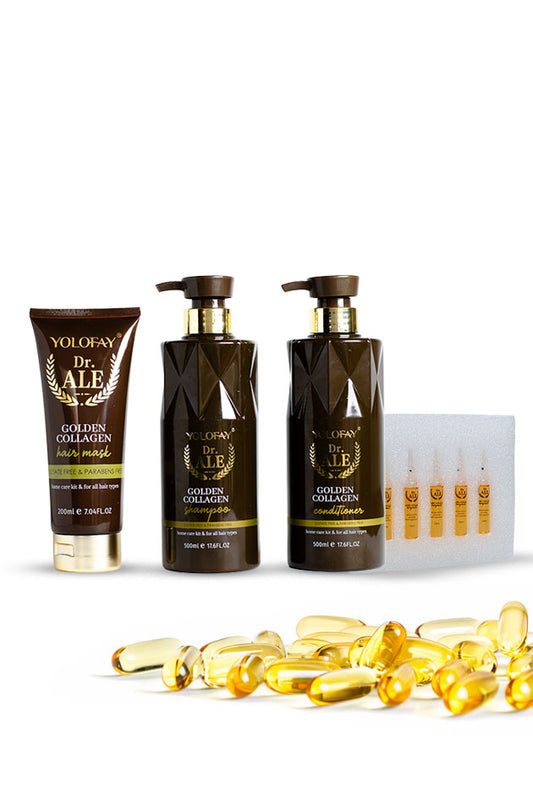 YOLOFAY Dr. ALE Golden Collagen Hair Care Kit with shampoo, conditioner, mask, and argan oil ampoules,
YoloFay Dr. Ale Golden Collagen set featuring a squeeze tube, two pump bottles, a small vial pack, and scattered golden collagen capsules on a white background.