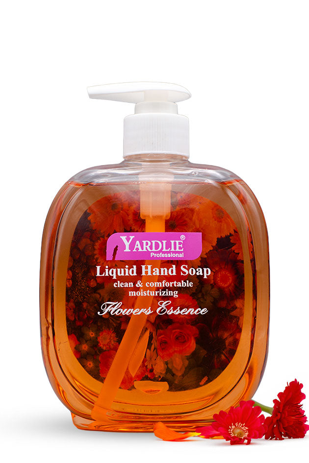Yardlie Flowers Essence Liquid Hand Soap 500g pump bottle for clean, soft hands,
A bottle of Yardlie Professional Liquid Hand Soap with 'Flowers Essence' scent, filled with amber liquid and decorated with red flowers, shown on a white background with a few loose flowers in the foreground.