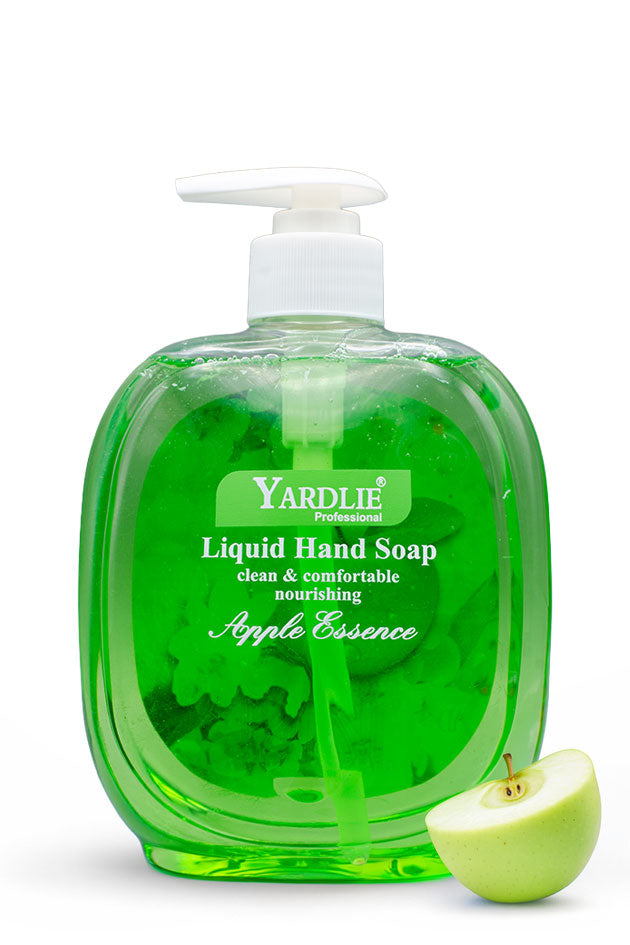 Yardlie Apple Essence Liquid Hand Soap 500g pump bottle for clean, soft hands,
A bottle of Yardlie Professional Liquid Hand Soap with Apple Essence, filled with bright green gel and featuring a white pump dispenser, shown on a white background with a sliced green apple next to it.