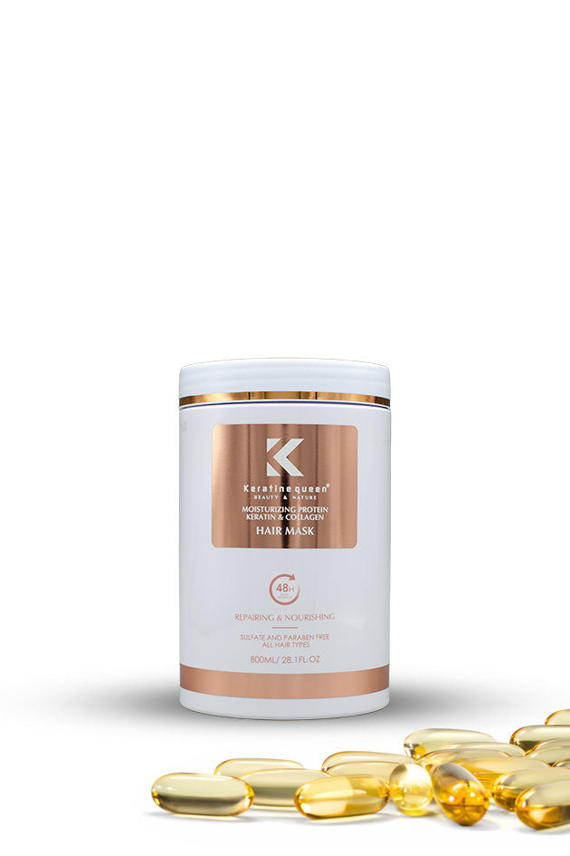 Keratine Queen Moisturizing Protein Keratin and Collagen Hair Mask 800ml for dry damaged hair,
A white cylindrical bottle of K-Beauty Hair Mask with a metallic rose gold label, shown on a white background with several yellow-gold capsules in the foreground.