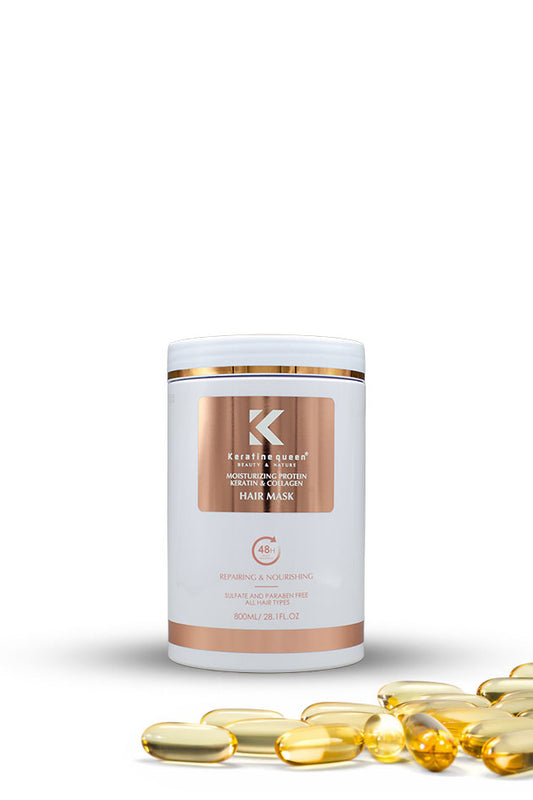 Keratine Queen Moisturizing Protein Keratin and Collagen Hair Mask 800ml for dry damaged hair,
A white cylindrical bottle of K-Beauty Hair Mask with a metallic rose gold label, shown on a white background with several yellow-gold capsules in the foreground.
