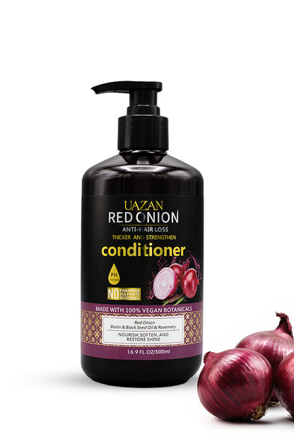UAZAN Red Onion Strengthening Conditioner 500ml with biotin and rosemary for stronger softer hair,
A bottle of Uazan Red Onion Conditioner with a black pump dispenser, shown next to fresh red onions on a white background.