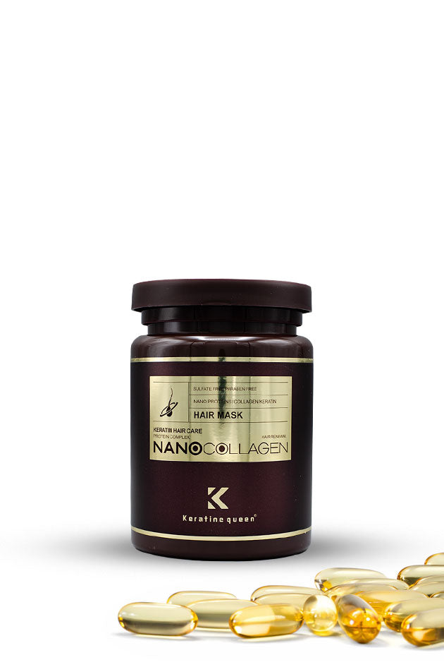Keratine Queen Nano Collagen Protein Hair Mask 1000ml for dry and damaged hair,
A dark brown bottle of Keringueq Nanocollagen Hair Mask capsules with several golden-yellow softgel capsules scattered in the foreground on a white background.