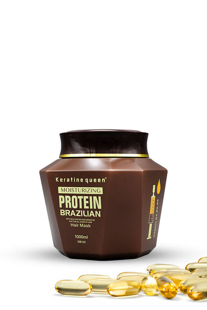 Keratine Queen Protein Brazilian Moisturizing Hair Mask 1000ml for dry and damaged hair,
A brown jar of Keratine Queen Protein Brazilian moisturizing hair mask, shown on a white background with several golden-yellow softgel capsules in the foreground.