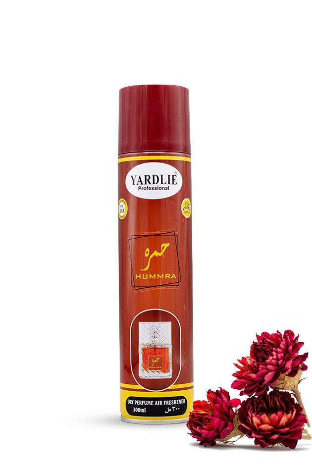 Yardlie Professional Hummra Dry Perfume Air Freshener 300ml maroon can,
A can of Yardlie Professional Humma air freshener with a red cap and red-brown label, shown on a white background with dried red flowers at the bottom right.