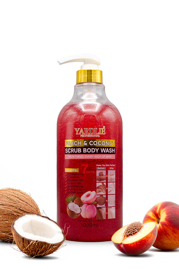 Yardlie Peach and Coconut Scrub Body Wash 1000ml bottle for smooth, soft skin.
A bottle of Yakolí Peach & Coconut Scrub Body Wash with a gold cap and white pump, surrounded by fresh peach halves, a whole coconut, and a peach on a white background.