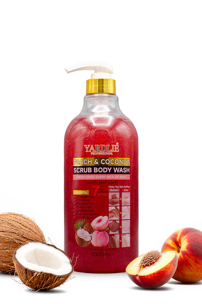 Yardlie Peach and Coconut Scrub Body Wash 1000ml bottle for smooth, soft skin.
A bottle of Yakolí Peach & Coconut Scrub Body Wash with a gold cap and white pump, surrounded by fresh peach halves, a whole coconut, and a peach on a white background.