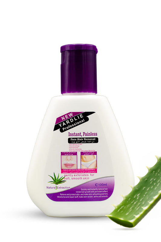 Yardlie Instant Painless Face Hair Removal Cream 100ml for face and body, Yardley Professional instant painless hair removal product with aloe vera leaf on a white background