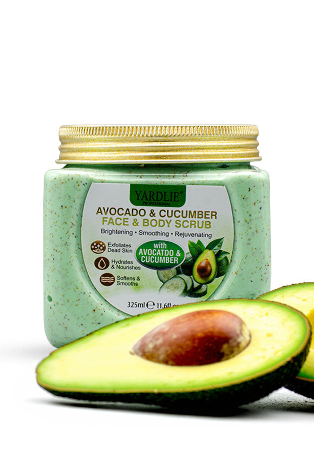 Yardlie Professional Avocado and Cucumber Face and Body Scrub 325ml jar with avocado and cucumber